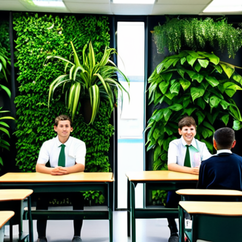 Home 4 A vibrant modern classroom in a Spanish school, bathed in natural light. A prominent, lush vertical green wall covers one side, featuring a variety of non-toxic, healthy plants like pothos and dracaena, enhancing the air quality. Several students in appropriate school attire and a teacher in professional dress are present, exuding a sense of calm and focused concentration. The atmosphere is serene and conducive to learning, emphasizing improved air purification and reduced stress. The composition is a professional photograph, highly detailed, realistic, and of exceptional quality, ensuring perfect anatomy, correct proportions, natural poses, well-formed hands, and proper finger count. This image is fully clothed, modest clothing, appropriate content, safe for work, and family-friendly.