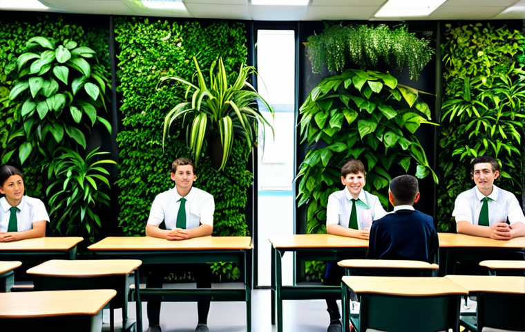 A vibrant modern classroom in a Spanish school, bathed in natural light. A prominent, lush vertical green wall covers one side, featuring a variety of non-toxic, healthy plants like pothos and dracaena, enhancing the air quality. Several students in appropriate school attire and a teacher in professional dress are present, exuding a sense of calm and focused concentration. The atmosphere is serene and conducive to learning, emphasizing improved air purification and reduced stress. The composition is a professional photograph, highly detailed, realistic, and of exceptional quality, ensuring perfect anatomy, correct proportions, natural poses, well-formed hands, and proper finger count. This image is fully clothed, modest clothing, appropriate content, safe for work, and family-friendly.