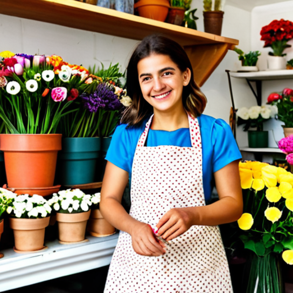 **
"A cheerful young woman, a florist, arranging colorful flowers in a small, charming flower shop in Seville, Spain. She is wearing a modest floral-print dress and an apron. The shop is filled with sunlight, overflowing with bouquets and potted plants. Professional, fully clothed, appropriate content, safe for work, perfect anatomy, correct proportions, natural pose, well-formed hands, proper finger count, natural body proportions, high quality."
**