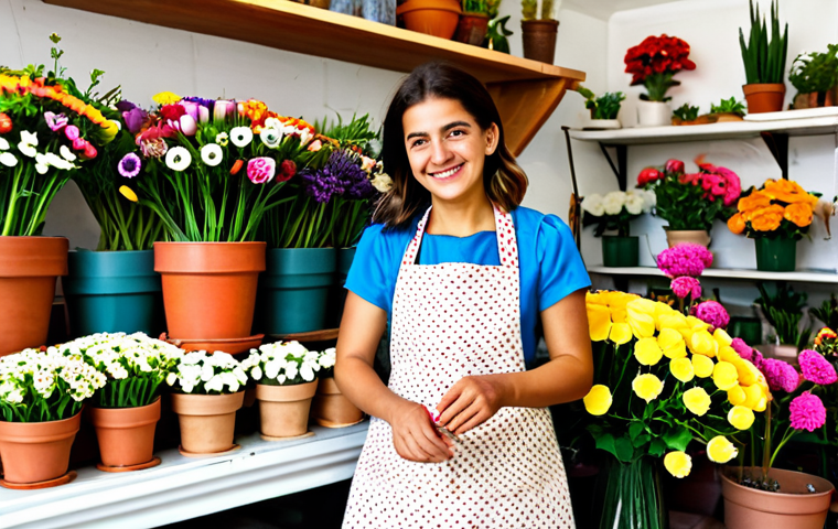 **
"A cheerful young woman, a florist, arranging colorful flowers in a small, charming flower shop in Seville, Spain. She is wearing a modest floral-print dress and an apron. The shop is filled with sunlight, overflowing with bouquets and potted plants. Professional, fully clothed, appropriate content, safe for work, perfect anatomy, correct proportions, natural pose, well-formed hands, proper finger count, natural body proportions, high quality."
**