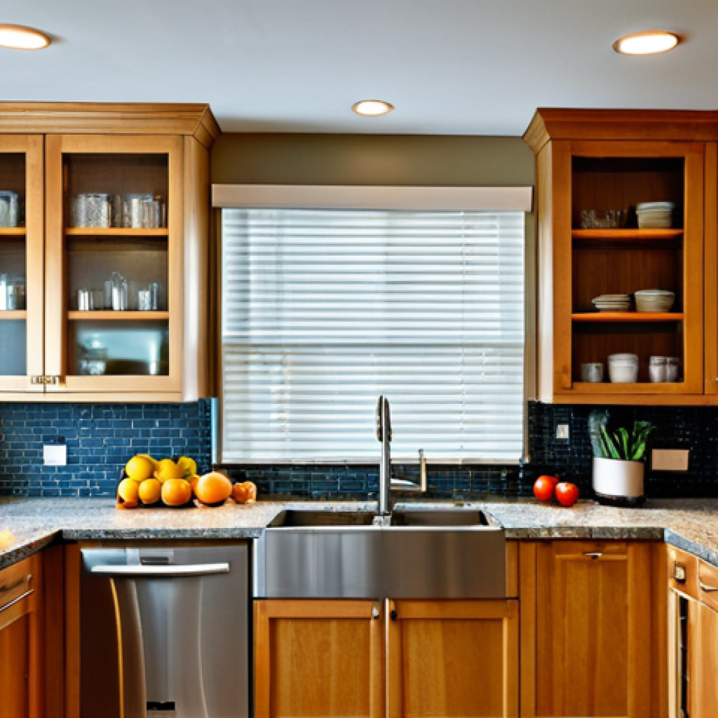 Functional & Aesthetic Kitchen**
"A well-organized kitchen with stainless steel appliances, granite countertops, a ceramic tiled backsplash, wooden shelves holding labeled containers, a wicker basket filled with fruits and vegetables, LED under-cabinet lighting, and a pendant lamp hanging above a central island; the scene should emphasize functionality and aesthetic appeal, fully clothed, appropriate content, safe for work, perfect anatomy, natural proportions, professional, modest design, family-friendly"