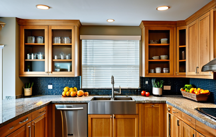 Functional & Aesthetic Kitchen**
"A well-organized kitchen with stainless steel appliances, granite countertops, a ceramic tiled backsplash, wooden shelves holding labeled containers, a wicker basket filled with fruits and vegetables, LED under-cabinet lighting, and a pendant lamp hanging above a central island; the scene should emphasize functionality and aesthetic appeal, fully clothed, appropriate content, safe for work, perfect anatomy, natural proportions, professional, modest design, family-friendly"