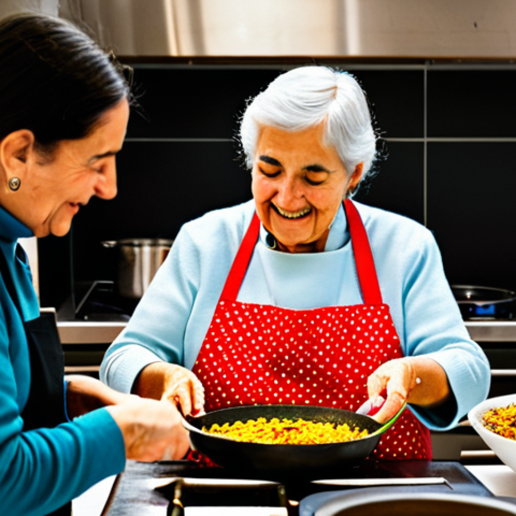 **
"A vibrant and friendly cooking workshop in Valencia, Spain. A grandmother figure, fully clothed in traditional Spanish attire, teaches a small group how to prepare paella. Kitchen setting, warm lighting, focus on collaboration and sharing. Safe for work, appropriate content, family-friendly, perfect anatomy, well-formed hands, professional photography, high quality."
**