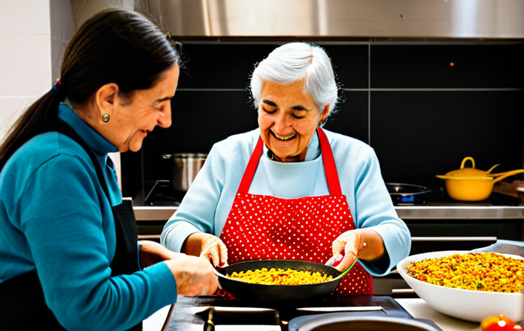 **
"A vibrant and friendly cooking workshop in Valencia, Spain. A grandmother figure, fully clothed in traditional Spanish attire, teaches a small group how to prepare paella. Kitchen setting, warm lighting, focus on collaboration and sharing. Safe for work, appropriate content, family-friendly, perfect anatomy, well-formed hands, professional photography, high quality."
**