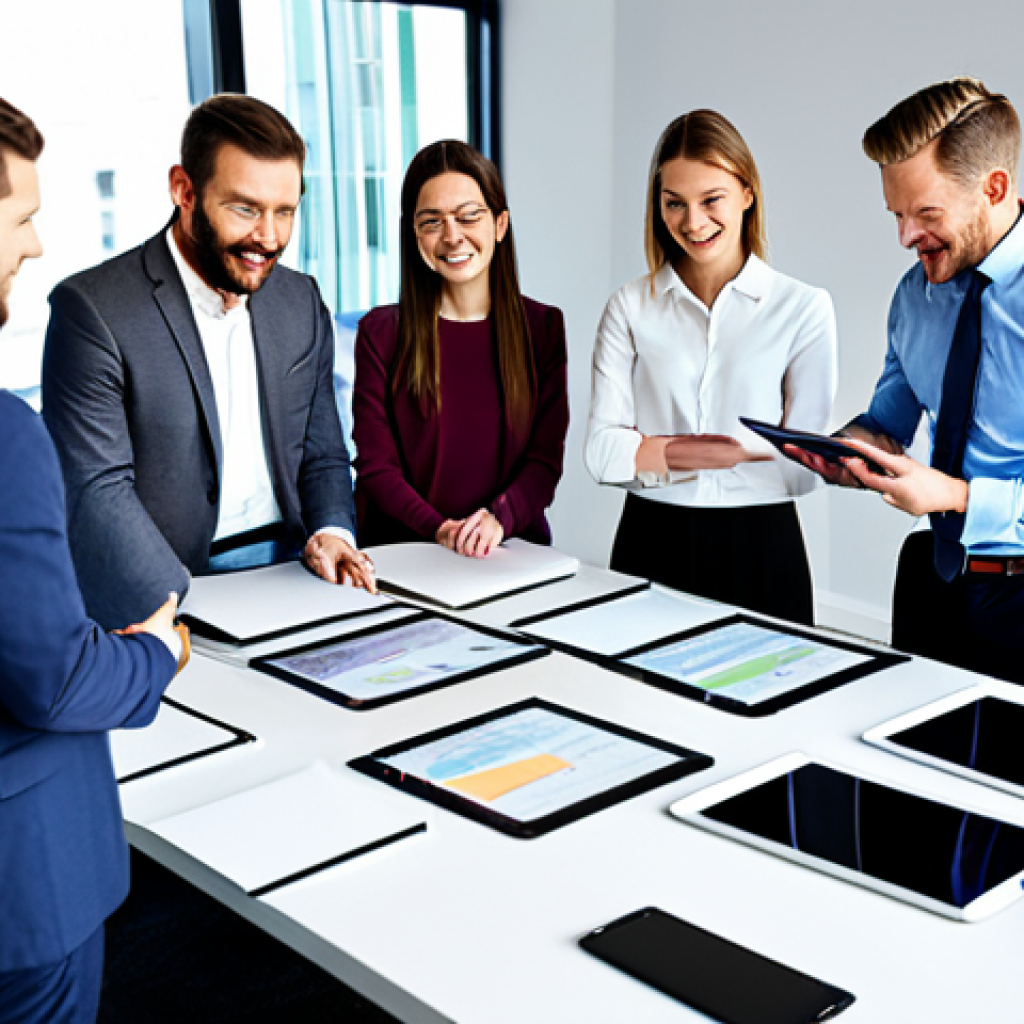 **
A diverse team of professionals collaborating on a project in a bright, modern office space. They are gathered around a large table covered with design mockups and digital tablets. Everyone is fully clothed in appropriate business attire. The atmosphere is energetic and positive. Perfect anatomy, correct proportions, well-formed hands, proper finger count, natural body proportions. Safe for work, appropriate content, professional, fully clothed, family-friendly.
**