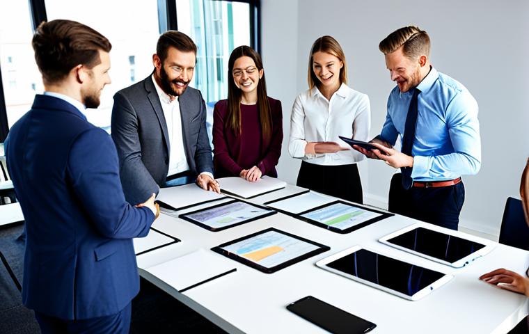 **
A diverse team of professionals collaborating on a project in a bright, modern office space. They are gathered around a large table covered with design mockups and digital tablets. Everyone is fully clothed in appropriate business attire. The atmosphere is energetic and positive. Perfect anatomy, correct proportions, well-formed hands, proper finger count, natural body proportions. Safe for work, appropriate content, professional, fully clothed, family-friendly.
**