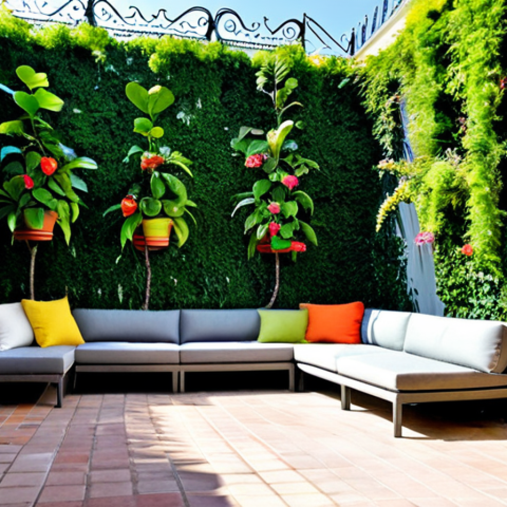 ** A vibrant, modular vertical garden on a sunny patio in Seville, Spain. Lush green plants with pops of colorful flowers spill from the individual planters. The patio furniture is wrought iron. "Safe for work," "appropriate content," "fully clothed" (referencing the plants being "covered"), "family-friendly", "professional photography," "perfect anatomy" (of the plants), "correct proportions," "natural pose."
**