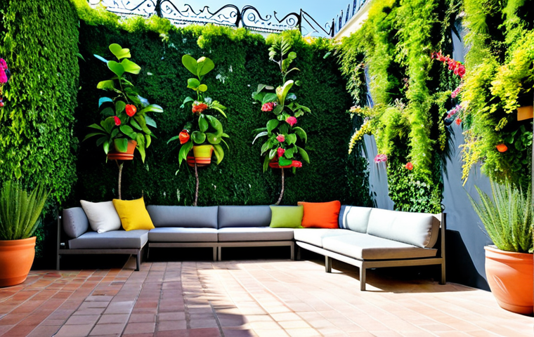 ** A vibrant, modular vertical garden on a sunny patio in Seville, Spain. Lush green plants with pops of colorful flowers spill from the individual planters. The patio furniture is wrought iron. "Safe for work," "appropriate content," "fully clothed" (referencing the plants being "covered"), "family-friendly", "professional photography," "perfect anatomy" (of the plants), "correct proportions," "natural pose."
**