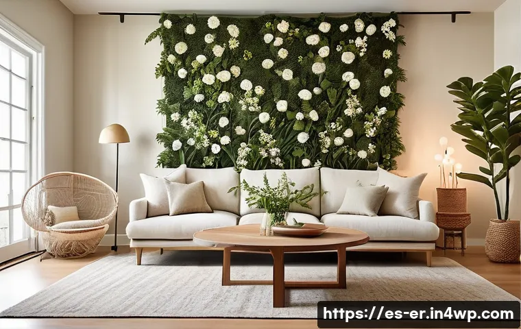 리빙월을 위한 벽 장식 아이디어 - **Prompt:** A modern, cozy living room bathed in soft, warm light. The main wall features a luxuriou...