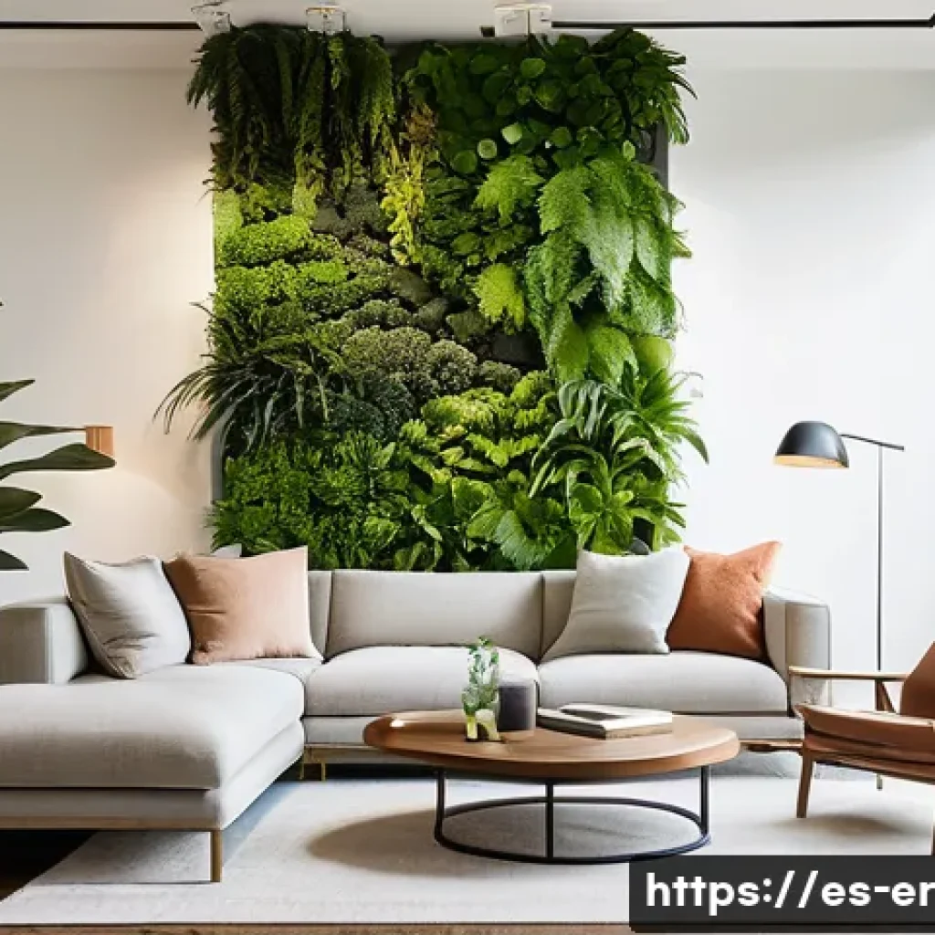 리빙월을 활용한 공간 분리 아이디어 - **A wide shot of a spacious, modern living room bathed in soft, natural daylight, featuring a promin...