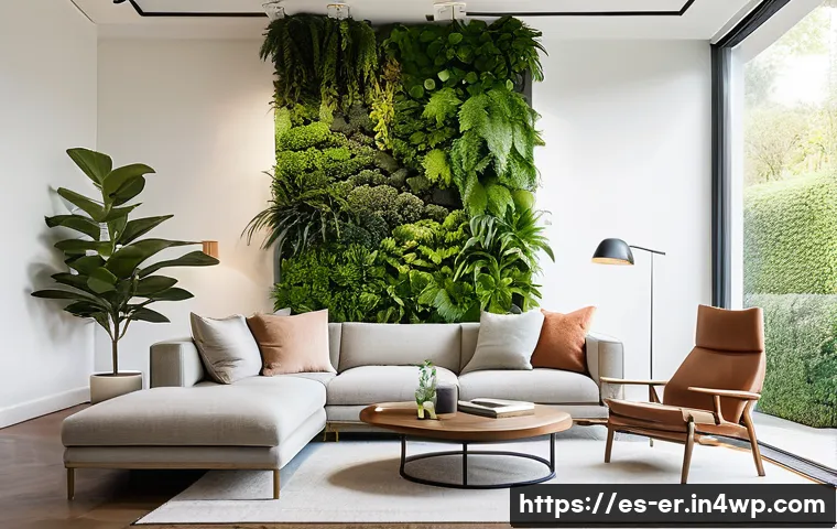 리빙월을 활용한 공간 분리 아이디어 - **A wide shot of a spacious, modern living room bathed in soft, natural daylight, featuring a promin...