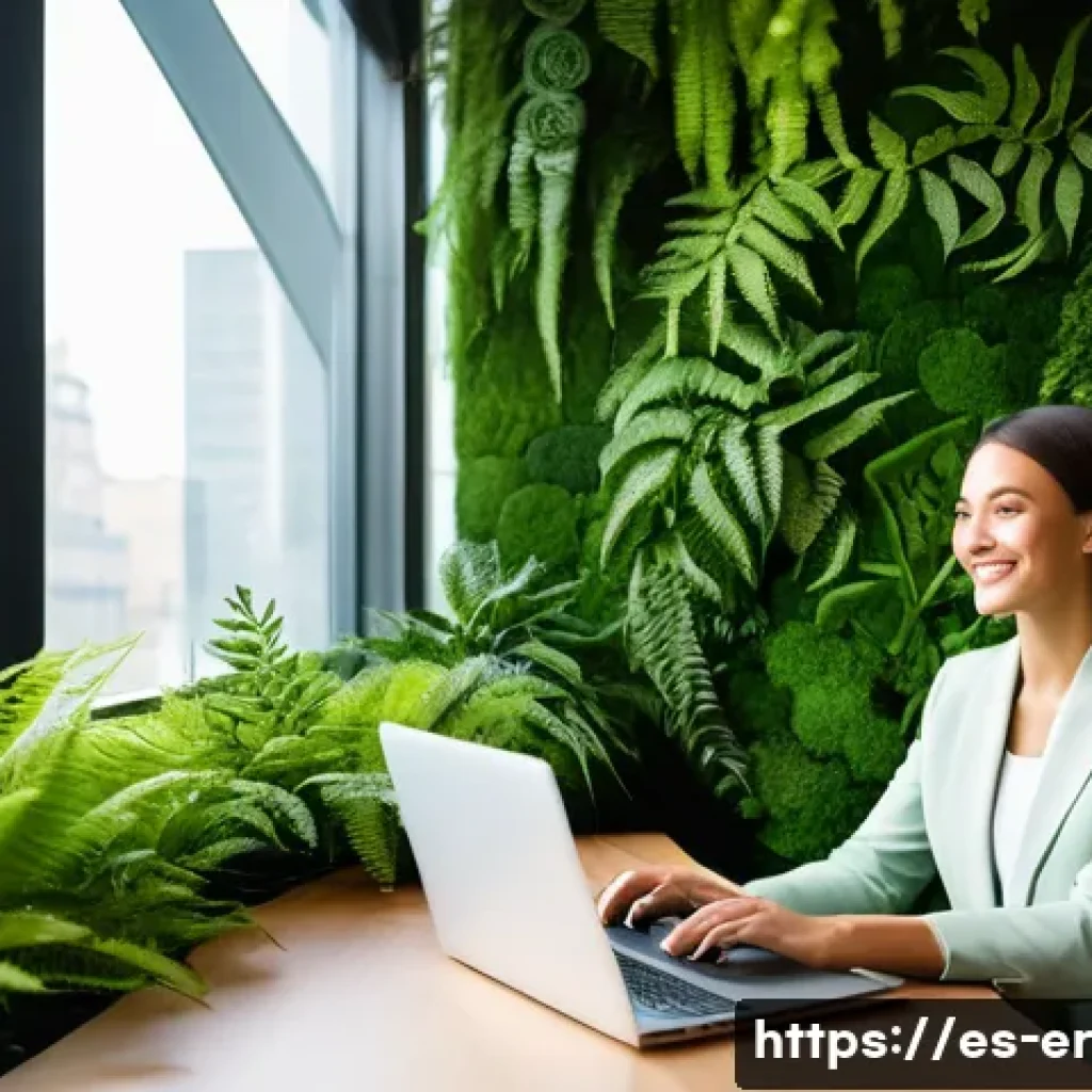 리빙월을 통해 얻는 심리적 안정감 - A modern urban office interior featuring a large vertical living wall covered with lush green ferns,...