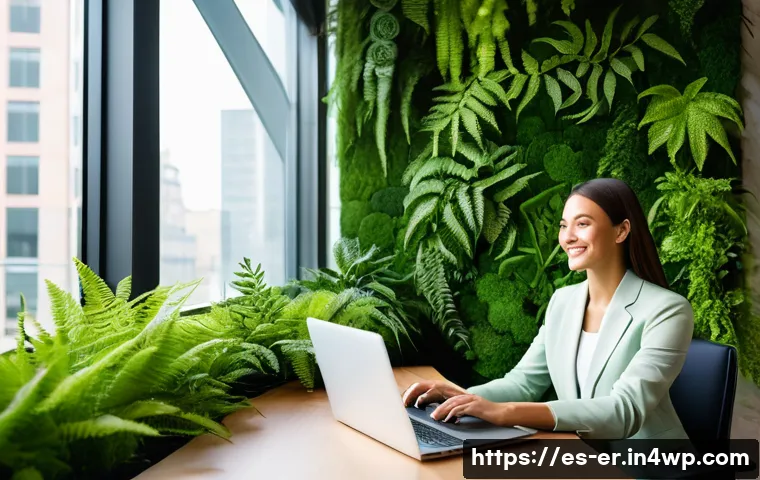리빙월을 통해 얻는 심리적 안정감 - A modern urban office interior featuring a large vertical living wall covered with lush green ferns,...