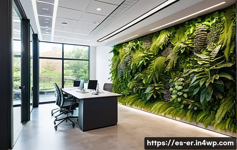 리빙월과 상호 작용 디자인 - A modern office interior featuring an interactive living green wall embedded with motion sensors and...