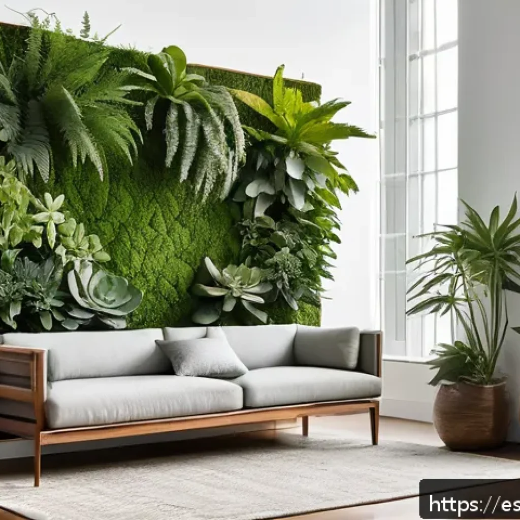 리빙월과 공간 혁신의 관계 - A modern indoor living room featuring a large vertical green wall filled with diverse plants such as...