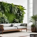 Home 19 리빙월과 공간 혁신의 관계 - A modern indoor living room featuring a large vertical green wall filled with diverse plants such as...