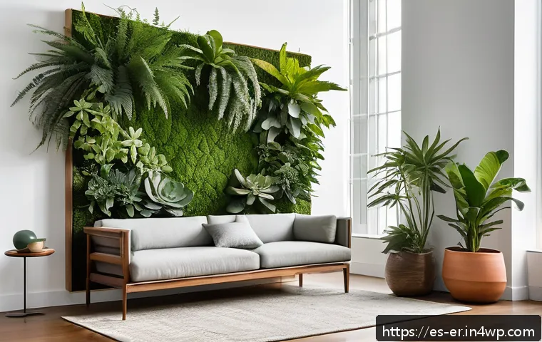 리빙월과 공간 혁신의 관계 - A modern indoor living room featuring a large vertical green wall filled with diverse plants such as...
