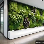Home 18 리빙월을 통해 얻는 수익 모델 - A modern urban office lobby featuring a large, vibrant Living Wall composed of diverse green plants ...