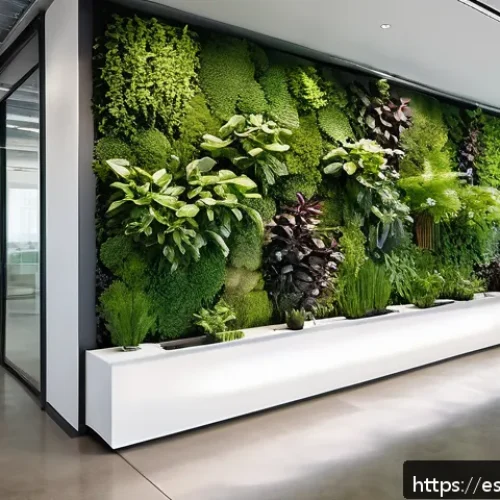 Home 30 리빙월을 통해 얻는 수익 모델 - A modern urban office lobby featuring a large, vibrant Living Wall composed of diverse green plants ...