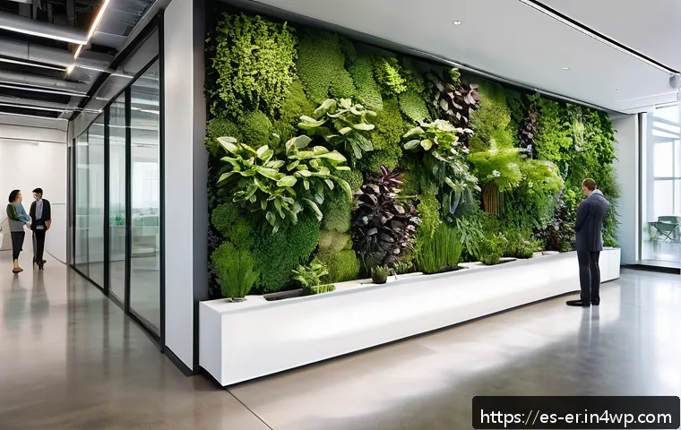 리빙월을 통해 얻는 수익 모델 - A modern urban office lobby featuring a large, vibrant Living Wall composed of diverse green plants ...