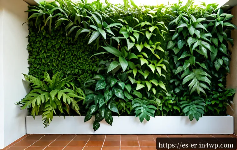 리빙월에 어울리는 식물 추천 - Photorealistic vertical living wall in a sunlit Spanish apartment courtyard, lush pothos, heartleaf ...