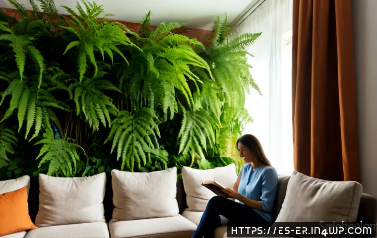 리빙월 디자인의 심리적 효과 - Photorealistic biophilic living room in a contemporary Spanish apartment, a lush vertical living wal...